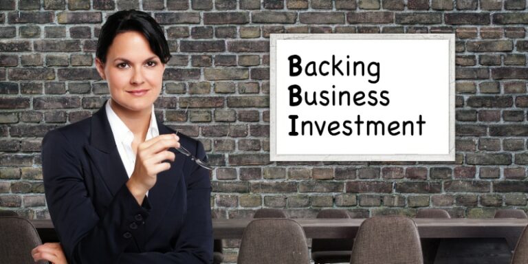 Lady Holding her Glasses. Whiteboard in the Background that says Backing Business Investment