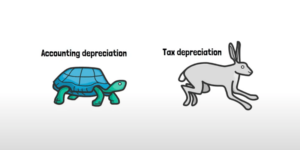 A Turtle with "Accounting Depreciation" written Above it and a Rabbit with "Tax Depreciation" Written Above It